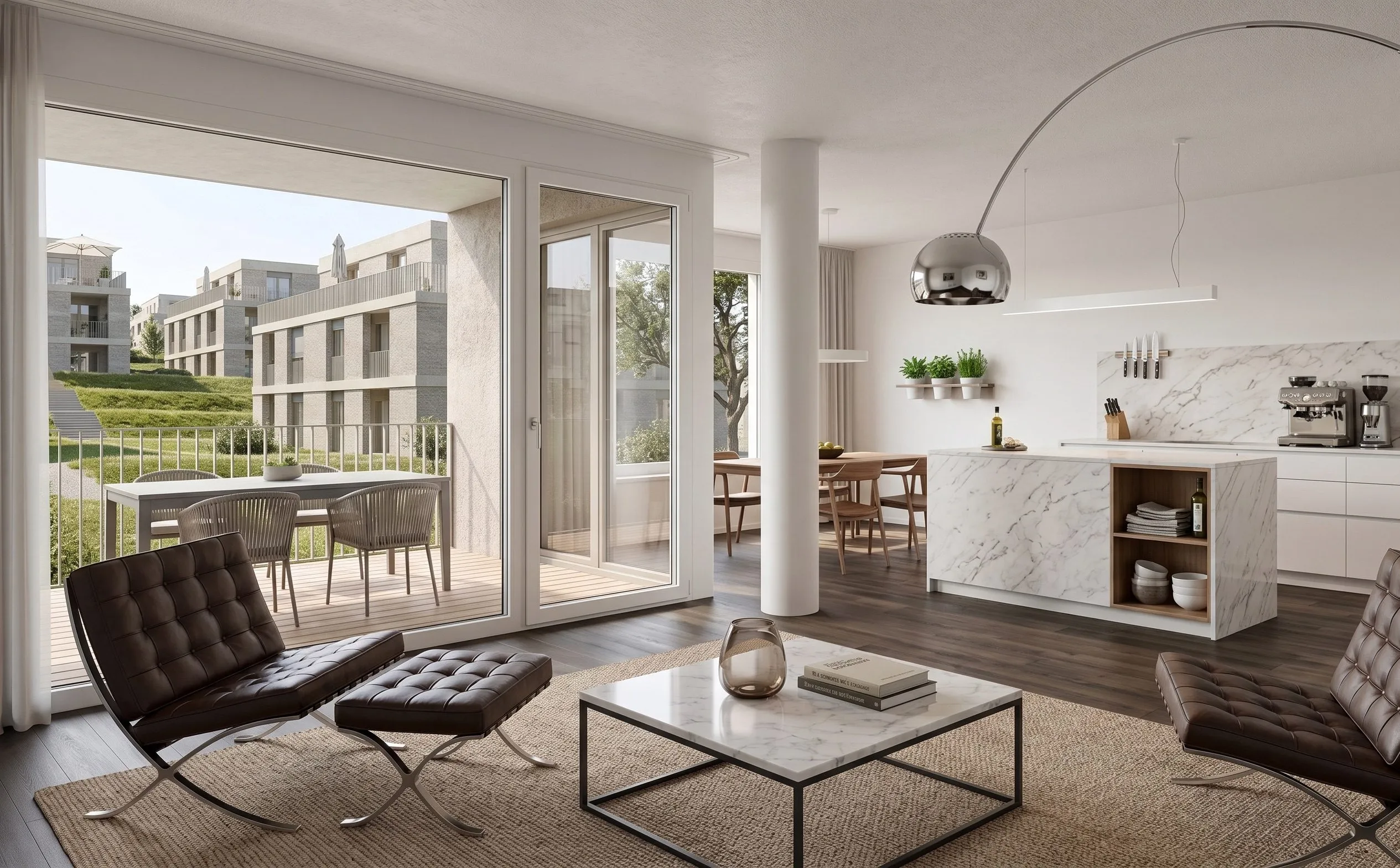 Visualisierung: Wohnzimmer mit Loggia und Blick auf weitere Häuser der Überbauung