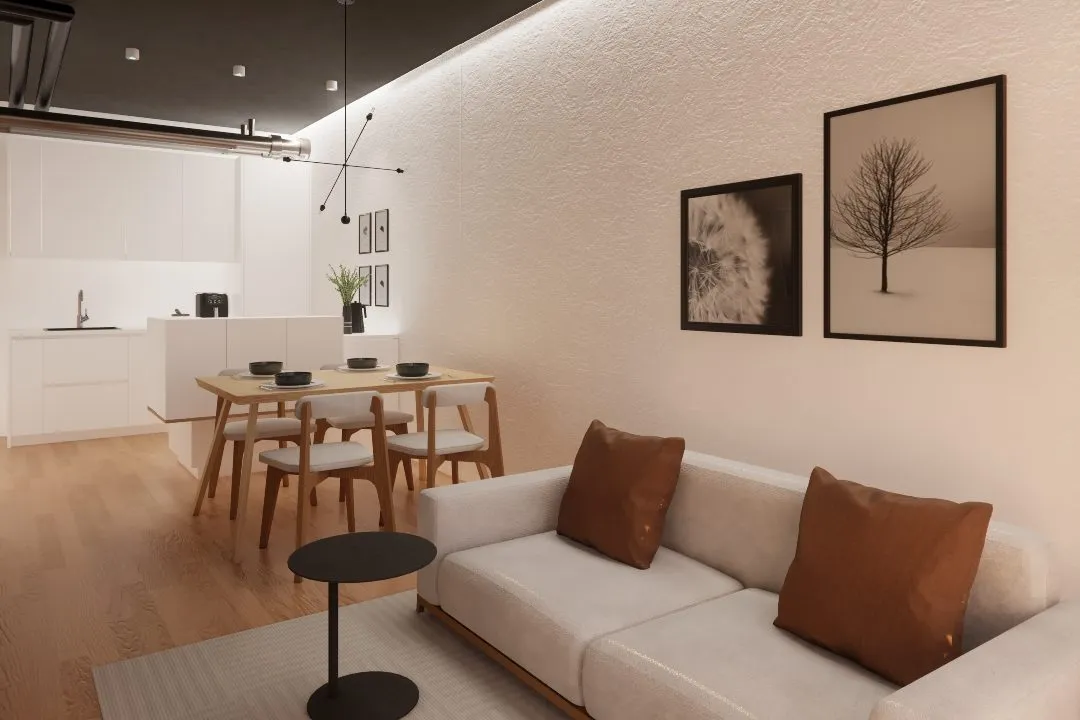 Visualisierung: Wohnzimmer mit Sofa, Essplatz und Küche im Hintergrund