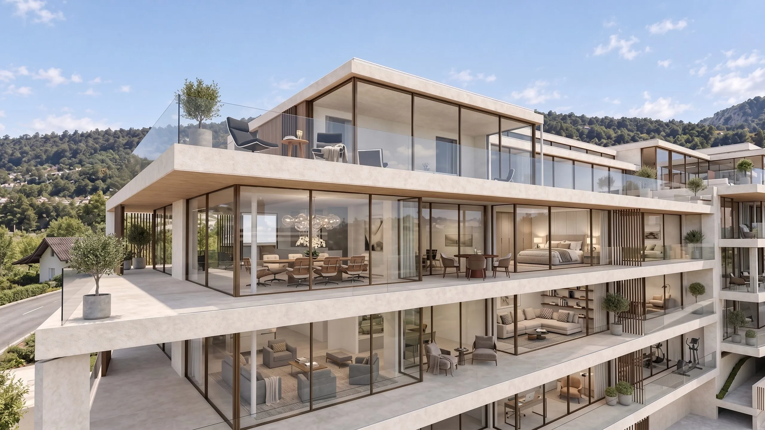 Visualisierung: Terrassenhaus mit hellen Natursteinbändern und raumhohen Verglasungen, Blick von Südosten